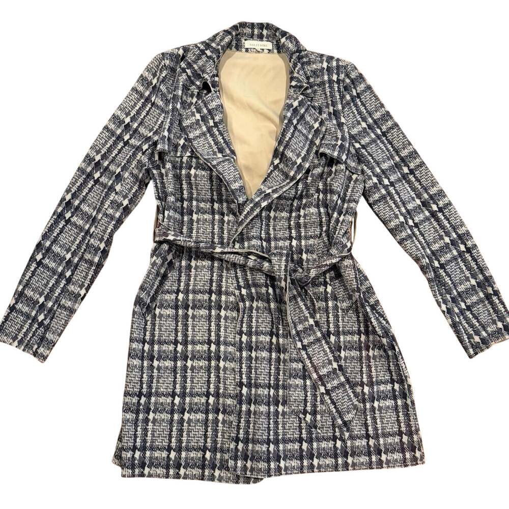 Solitaire Vegan Suede Trench Coat Sz Med Gray Cream Plaid Belted Pockets